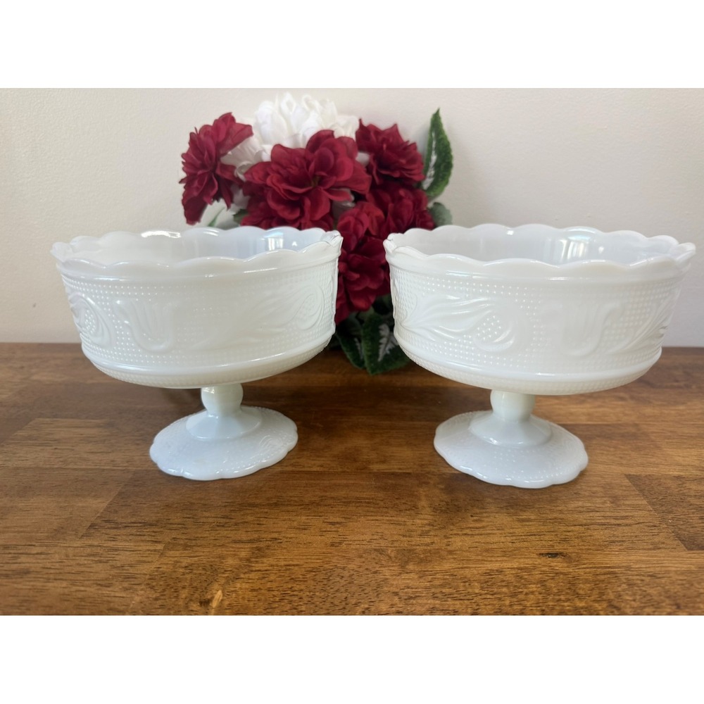 Vintage E.O. Brody Milk Glass Compotes Pedestal Bowls Wedding Decor Retro
